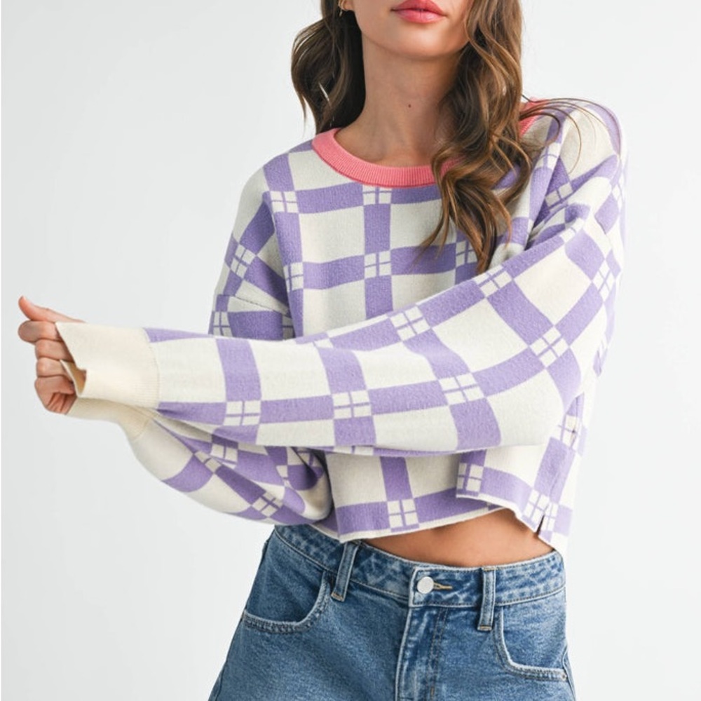 Anthropologie Purple and Cream Checkered Women's Sweater